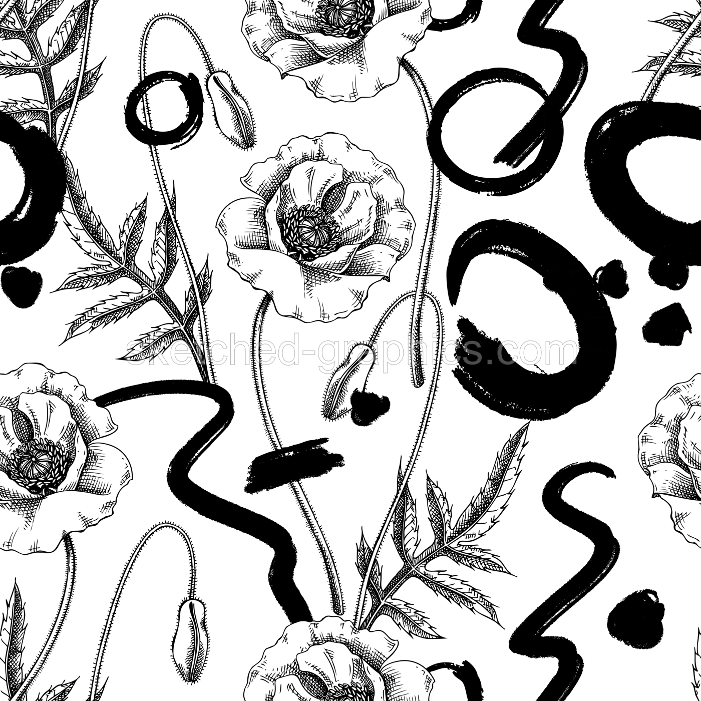 Collage-style summer background. Sketched poppy seamless pattern. Trendy design with floral sketches, geometric shapes, and abstract elements. Perfect for print, poster, card, fabric, wrapping Illustration